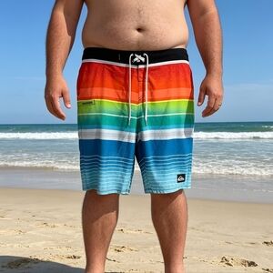 Quiksilver Men’s Size 38 Rainbow Stripe Board Shorts Swim Trunks Beach Shorts